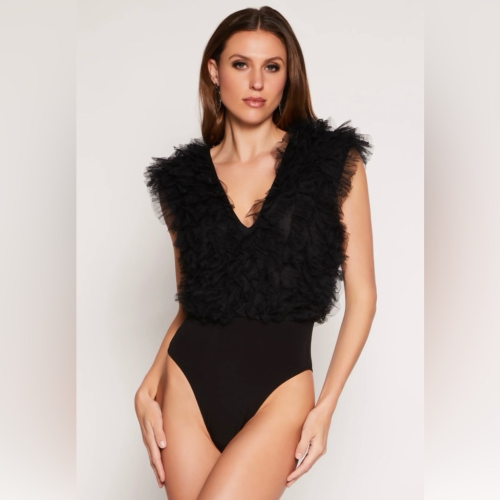 Black Ruffled Tulle Bodysuit - Sexy Sleeveless Top, V-neck